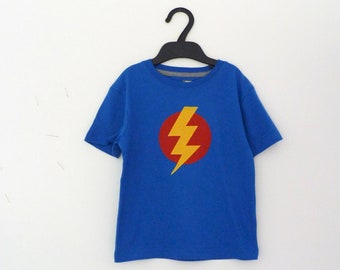 Blue superhero t-shirt costume with yellow lightning, blue children's t-shirt with yellow lightning