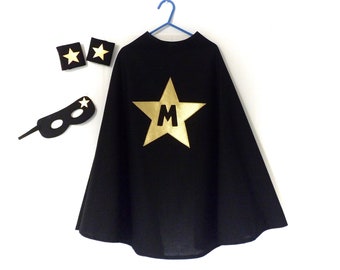 Black personalized superhero cape costume with golden star, personalized black superhero cape, child costume