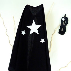 Magician costume, magician cape, child costume, black magician cape, child cape, magician, star, mask, cape, black
