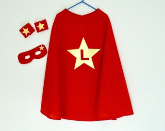 Red personalized superhero cape costume with golden star, personalized red superhero cape, child costume