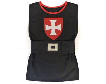 Children's knight tunic costume, black cotton tunic with a coat of arms, medieval children's tunic