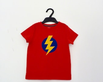 Lightning super hero red t-shirt, red t-shirt with yellow lightning bolt, red superhero t-shirt, lightning bolt