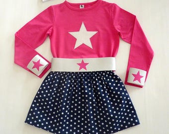 Super heroine child costume, super girl, super heroine skirt and t-shirt set with silver star