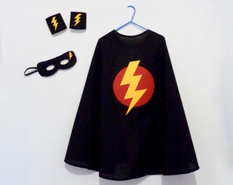 Child's black superhero cape costume, black lightning bolt superhero cape, lightning bolt superhero cape, child cape, child superhero