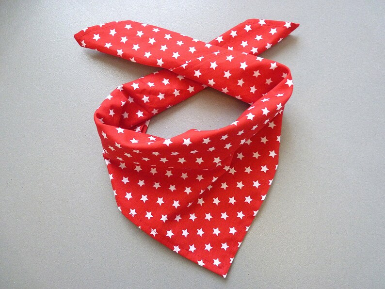 May include: A red bandana with white stars printed on it. The bandana is folded and tied in a knot.
