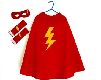 Children's superhero costume, red cape with yellow lightning, children's superhero cape with matching mask and cuffs