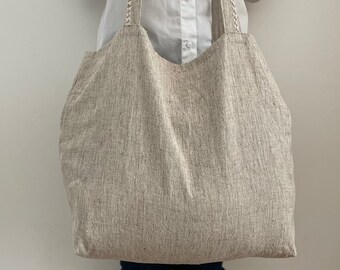 Grand sac de plage en lin naturel, cabas en lin, linen bag, grand sac fourre tout, Sac XXL