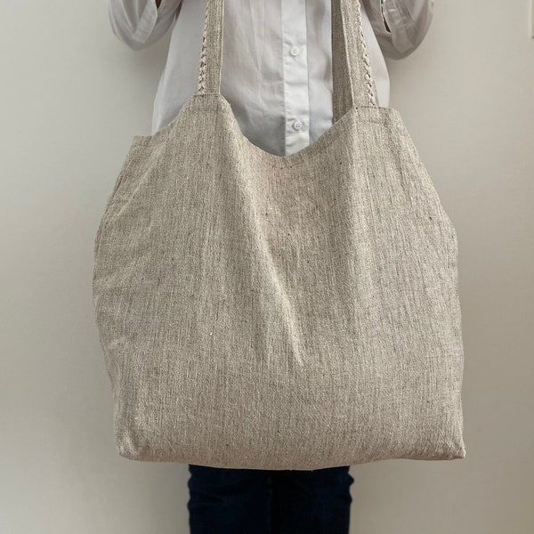 Grand sac de plage en lin naturel, cabas en lin, linen bag, grand sac fourre tout, Sac XXL