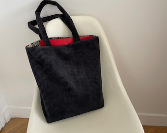 Sac en velours côtelé noir, Tote bag en velours, sac fourre-tout  en velours