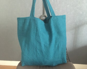 Grand sac de plage en lin bleu canard, cabas en lin,  linen bag, grand sac fourre tout