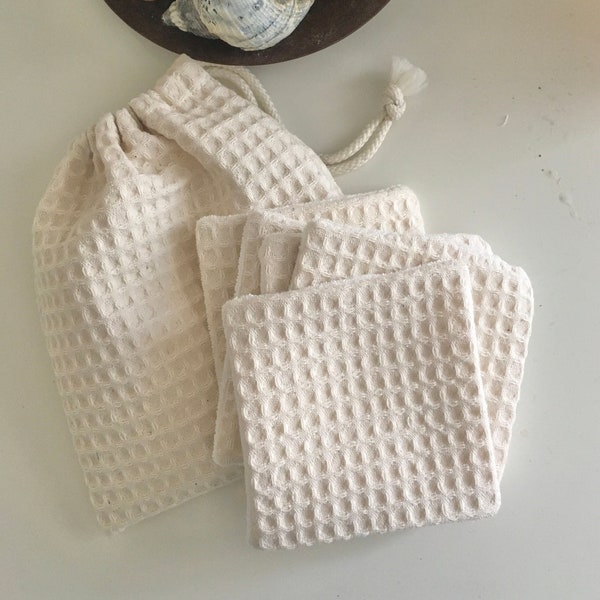 Lingettes lavables réutilisables en éponge de bambou et nid d'abeilles et pochon de rangement