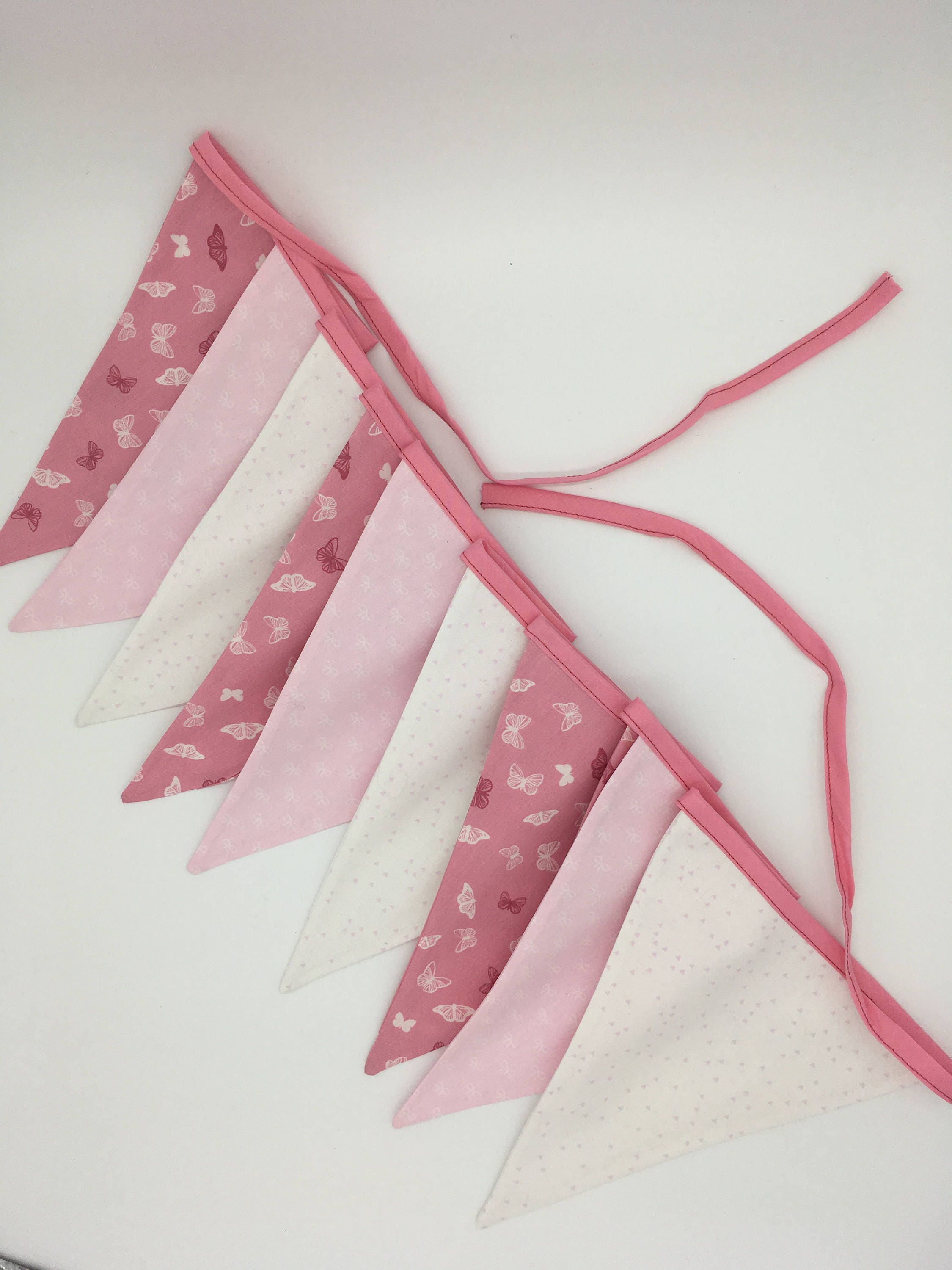 Guirlande Fanions en Tissu, Rose et Blanc