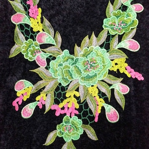 Lace collar, neckline, green, pink flowers.