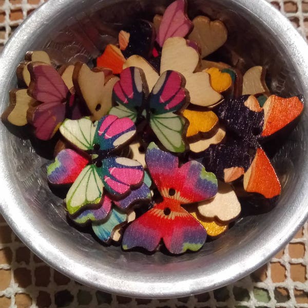 Boutons papillons en bois imprimés mix couleur Butterfly