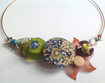 Collier ras de cou bouton recouvert artisanal,perles et boutons sur tour de cou à vis en fil câblé
