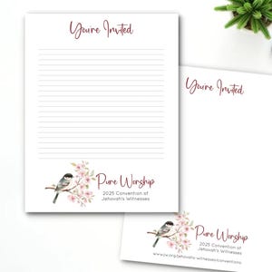 Briefpapier met uitnodiging voor Pure Worship Convention: vogels en roze kornoeljes 2025