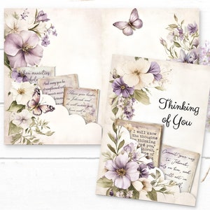 Tarjetas de felicitación de Purple Pocket Junk Journal: tarjetas imprimibles con etiquetas de las Escrituras: agradecimiento, aliento, recuperación, simpatía, aniversario