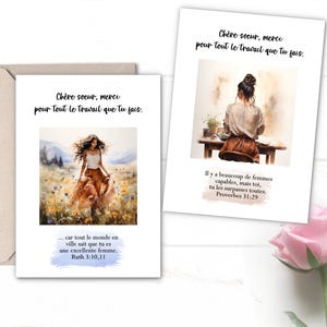 May include: Two greeting cards with watercolor illustrations. One card features a woman in a field of flowers, the other shows a woman at a desk. Both cards have French text and a Bible verse.