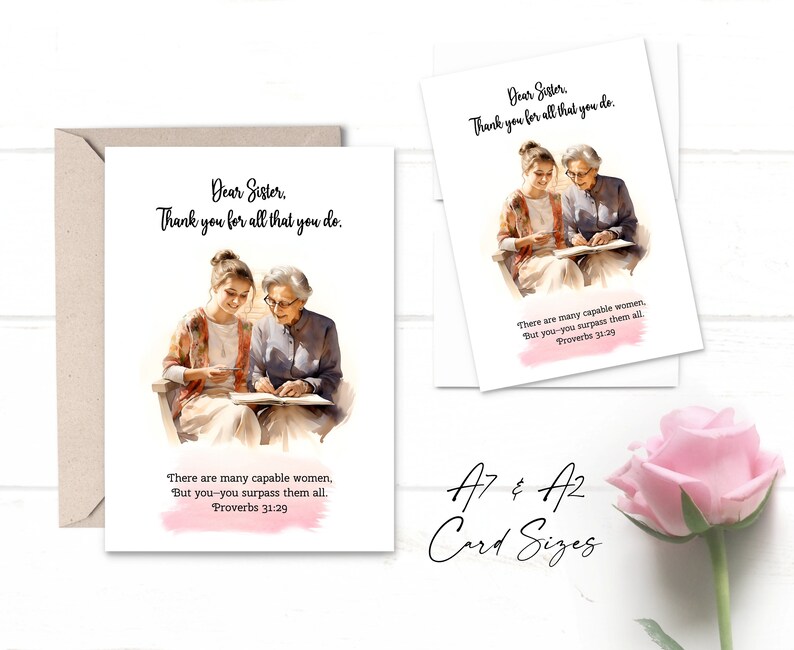 May include: A white card with a watercolor illustration of two women sitting on a bench and reading a book. The card has the text "Dear Sister, Thank you for all that you do." and a quote from Proverbs 31:29. The card is for sale in A7 and A2 sizes.