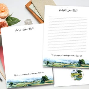 May include: Stationery set with a blank letter sheet, a lined letter sheet, an envelope, and a round sticker. The stationery has the text "An End To War - How?" and a watercolor landscape design with a quote from Psalm 46:9.