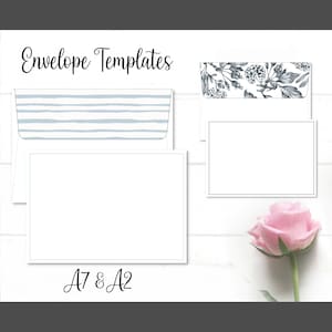 Könnte beinhalten: Zwei weiße Umschläge mit unterschiedlichen Designs. Der obere Umschlag hat ein blaues und weißes Streifenmuster. Der untere Umschlag hat ein Blumenmuster mit schwarzen und weißen Blättern. Der Text "Envelope Templates" befindet sich oben im Bild. Der Text "A7 & A2" befindet sich unten im Bild.