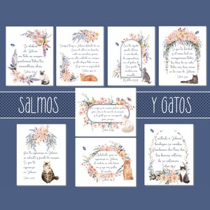 Pode incluir: Uma coleção de oito ilustrações de aquarela com gatos e versos do Livro dos Salmos em espanhol. Cada ilustração apresenta uma raça de gato diferente e uma coroa de flores com um verso dos Salmos.