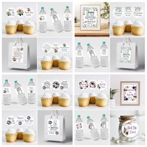 Puede incluir: Un surtido de adornos y decoraciones para fiestas, que incluyen cupcakes con adornos florales, botellas de agua con etiquetas, bolsas de regalo y una impresión enmarcada. Los artículos presentan texto y diseños florales.