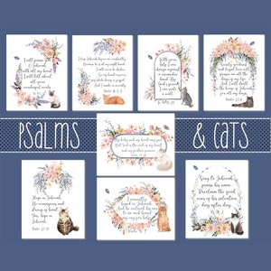 Könnte beinhalten: Ein Satz von 8 druckbaren Karten mit Psalmen und Katzen. Jede Karte zeigt einen anderen Psalmvers und eine süße Katzenillustration. Die Karten sind mit Aquarellblumen und Schmetterlingen verziert.