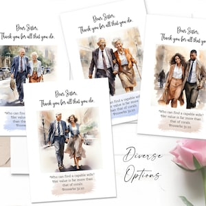 May include: Four watercolor illustrations of couples walking together. Each illustration features a different couple with a different skin tone. The text in each image reads "Dear Sister, Thank you for all that you do." and includes a Bible verse from Proverbs 31:10. "Who can find a capable wife? Her value is far more than that of corals. Proverbs 31:10."