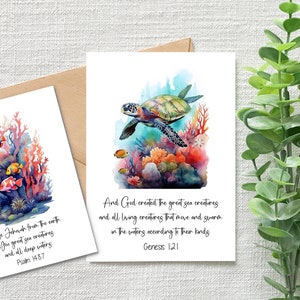 May include: Two watercolor illustrations of sea life with bible verses. The first image shows a coral reef with colorful fish and the verse "Praise Jehovah from the earth, You great sea creatures and all deep waters. Psalm 148:7". The second image shows a sea turtle swimming in the ocean with the verse "And God created the great sea creatures and all living creatures that move and swarm in the waters according to their kinds. Genesis 1:21".