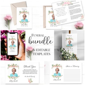 Könnte beinhalten: Ein Satz von sechs editierbaren Trauerkarten mit einem floralen Design und einem Platzhalter für ein Foto. Die Vorlagen beinhalten ein Programm für einen Gedenkgottesdienst, einen Nachruf, eine Dankeskarte, eine Karte zum Teilen von Erinnerungen und zwei Versionen einer Karte zur Feier des Lebens.