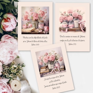 May include: Three printable cards with pink flowers and jars, each with a different Bible verse in Spanish. The verses are: "Muchas son las dificultades del justo, pero Jehová lo libera de todas ellas. Salmo 34:19", "Pon tu camino en manos de Jehová: confía en él y él actuará a tu favor. Salmo 37:5", and "Arroja tu carga sobre Jehová y él te sostendrá. Jamás permitirá que caiga el justo. Salmo 55:22".