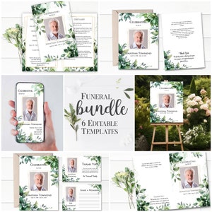 Könnte beinhalten: Ein Satz von sechs editierbaren Trauerkarten mit einem grünen und weißen floralen Design. Die Vorlagen beinhalten eine Gedenkkarte, einen Nachruf, eine Dankeskarte und eine Karte zum Teilen einer Erinnerung. Die Vorlagen sind perfekt für eine Beerdigung oder eine Gedenkfeier.