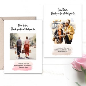 May include: Two greeting cards with watercolor illustrations of women. The cards feature the text "Dear Sister, Thank you for all that you do." and the Bible verse "...women who are working hard in the Lord. Romans 16:12".