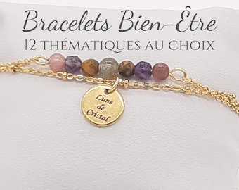 BIEN ÊTRE Bracelet en Pierres Naturelles 4mm et Acier Inoxydable Argenté ou Doré - 12 Thématiques au choix - Avec ou sans Fiche explicative