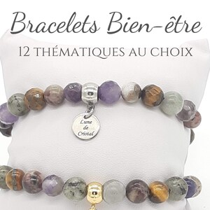 BIEN ÊTRE Bracelet en Pierres Naturelles et Acier Inoxydable Argenté ou Doré 12 Thématiques au choix Avec ou sans Fiche explicative image 1