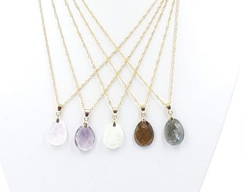 7 pierres au choix Collier avec Pendentif facetté en Pierres Naturelles et chaîne à billes Acier Inoxydable -  - Idée Cadeau Femme