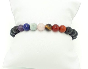 Bracelet 7 chakras + Obsidienne en Pierres Naturelles - Fil élastique très résistant -Bien-être-Harmonie-Cadeau mixte: Homme,Femme,Enfant