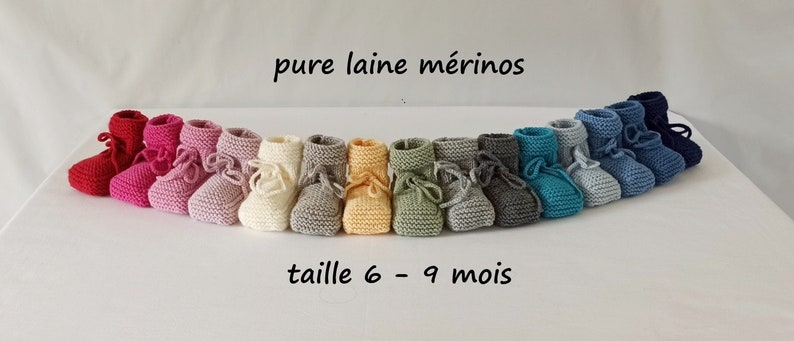 Chaussons bébé, pure laine mérinos, taille 6-9 mois, fait-main, 15 couleurs image 1