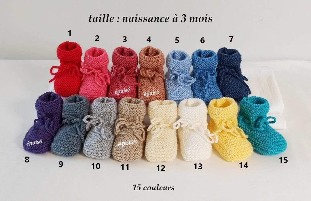 Chaussons bébé tricotés main, laine bébé, taille naissance à