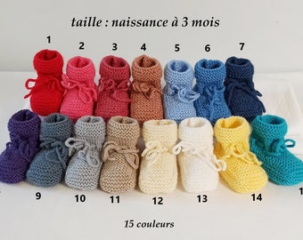 Chaussons bébé tricotés main, laine bébé, taille naissance à 3 mois, blanc, beige, jaune, orange, rose barbie, bleu clair, bleu , violet