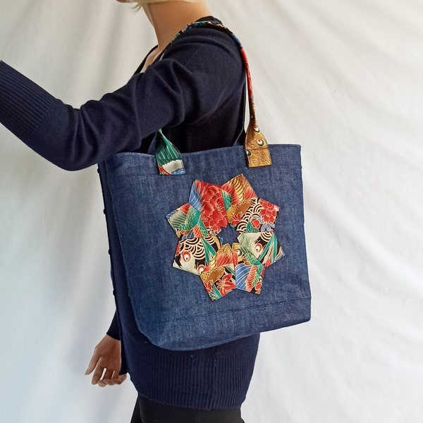 Sac en tissu jean Denim neuf et tissu japonais, doublé tissu 100%coton avec de grandes poches intérieures