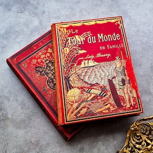 Vibrant red antique French large books from 1800s