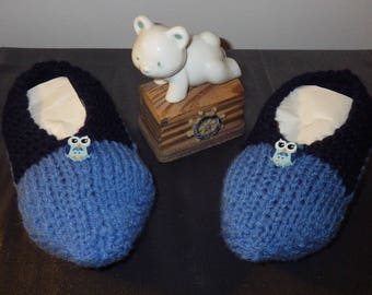 Children's slippers 29/31 sky blue wool and navy blue owl decoration