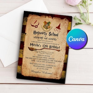 May include: A vintage-style invitation to a Hogwarts School of Witchcraft and Wizardry birthday party. The invitation features a red and gold striped background with a parchment-like overlay. The text reads "Hogwarts School of Witchcraft and Wizardry" and "Marcho's 12th Birthday!" with details about the party, including the date, time, and location. The invitation also includes a graphic of the Hogwarts crest and a broom.