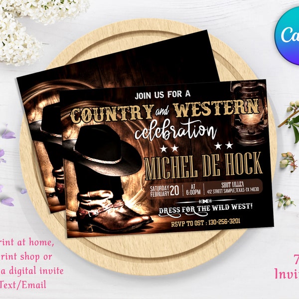 Country Western Invitatation, Cowboy verjaardagsuitnodiging, rustiek hout, cowboyhoed en lasso, afdrukbaar, Instant Download
