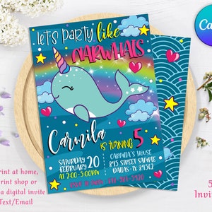 Narwhal Birthday Party Invitation, Narwhals Invitation, Under the Sea Birthday Invite, Girl Birthday Party Invitation, Narwhals party