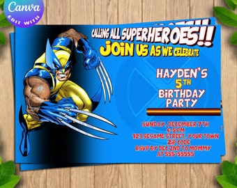 Invitación de Wolverine, cumpleaños de Wolverine, invitaciones de fiesta de Wolverine, Logan, X-Men, invitación imprimible, invitación editable de Wolverine