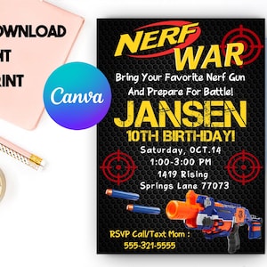 Nerf War Invitation, Nerf War Party Invitation, Nerf War Birthday Invitation, Nerf War Birthday Party Invitation