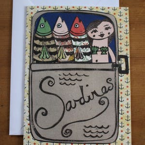 Sirène, boîte de sardines, carte de voeux, anniversaire, poisson